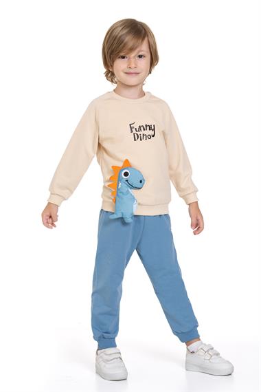 Dinazor Figürlü Yazı Baskılı Mavi Renk Erkek Çocuk İkili Takım