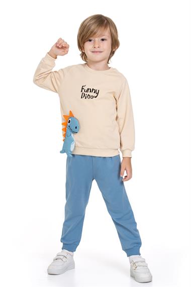 Dinazor Figürlü Yazı Baskılı Mavi Renk Erkek Çocuk İkili Takım