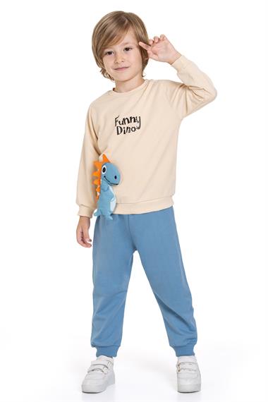 Dinazor Figürlü Yazı Baskılı Mavi Renk Erkek Çocuk İkili Takım