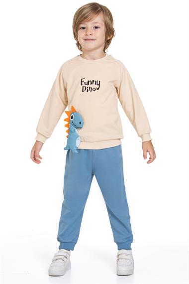 Dinazor Figürlü Yazı Baskılı Mavi Renk Erkek Çocuk İkili Takım