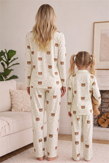 Anne Kız Pijama Takımı Pudra Ayıcık Desenli Uzun Kollu Rahat Ev Giyim Takımı