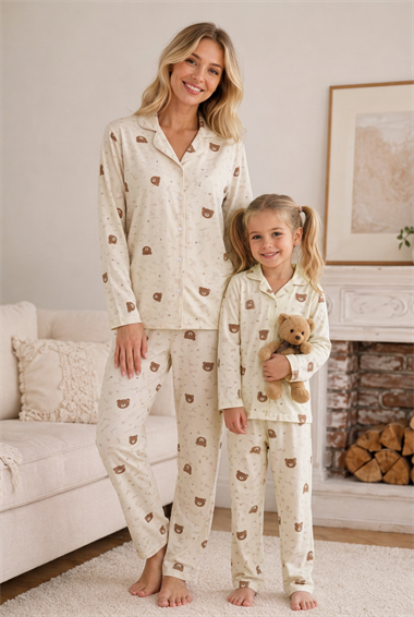 Anne Kız Pijama Takımı Pudra Ayıcık Desenli Uzun Kollu Rahat Ev Giyim Takımı