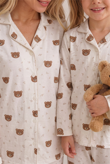 Anne Kız Pijama Takımı Pudra Ayıcık Desenli Uzun Kollu Rahat Ev Giyim Takımı