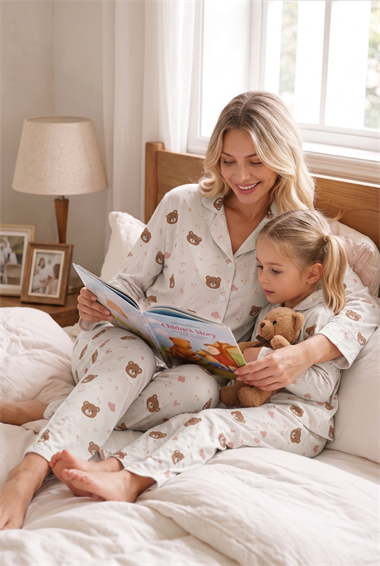 Anne Kız Pijama Takımı Pudra Ayıcık Desenli Uzun Kollu Rahat Ev Giyim Takımı