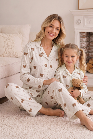 Anne Kız Pijama Takımı Pudra Ayıcık Desenli Uzun Kollu Rahat Ev Giyim Takımı