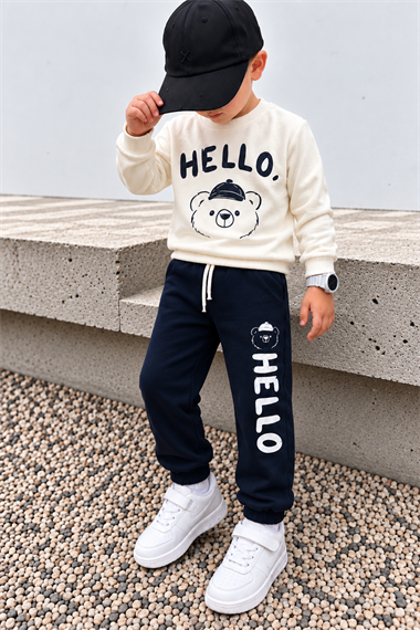 Erkek Çocuk Eşofman Takımı HELLO Ayıcık Baskılı Sweatshirt Lacivert Spor Takım