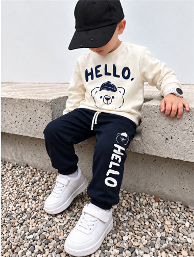 Erkek Çocuk Eşofman Takımı HELLO Ayıcık Baskılı Sweatshirt Lacivert Spor Takım