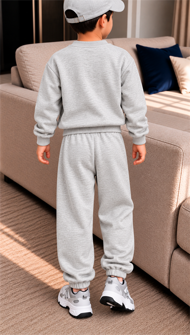 Erkek Çocuk 3 İplik Eşofman Takımı Gri Renk W Baskılı Sweatshirt ve Jogger Pantolon