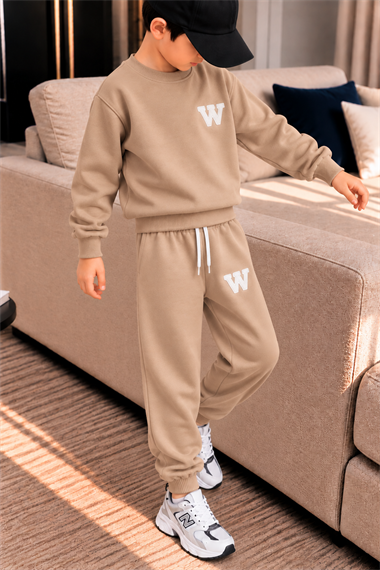 Erkek Çocuk 3 İplik Eşofman Takımı Taş Rengi W Baskılı Sweatshirt ve Jogger Pantolon