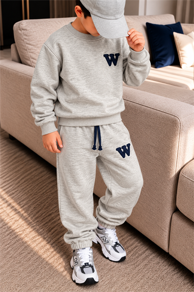 Erkek Çocuk 3 İplik Eşofman Takımı Gri Renk W Baskılı Sweatshirt ve Jogger Pantolon