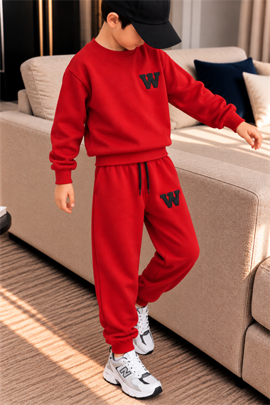 Erkek Çocuk 3 İplik Eşofman Takımı Kırmızı Renk W Baskılı Sweatshirt ve Jogger Pantolon