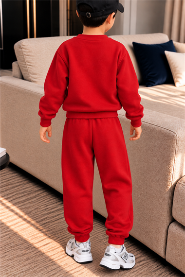 Erkek Çocuk 3 İplik Eşofman Takımı Kırmızı Renk W Baskılı Sweatshirt ve Jogger Pantolon