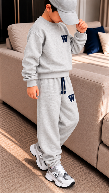 Erkek Çocuk 3 İplik Eşofman Takımı Gri Renk W Baskılı Sweatshirt ve Jogger Pantolon