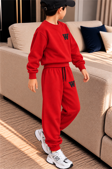 Erkek Çocuk 3 İplik Eşofman Takımı Kırmızı Renk W Baskılı Sweatshirt ve Jogger Pantolon