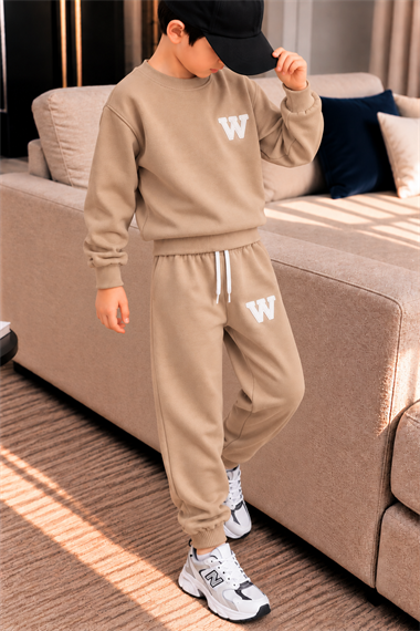Erkek Çocuk 3 İplik Eşofman Takımı Taş Rengi W Baskılı Sweatshirt ve Jogger Pantolon