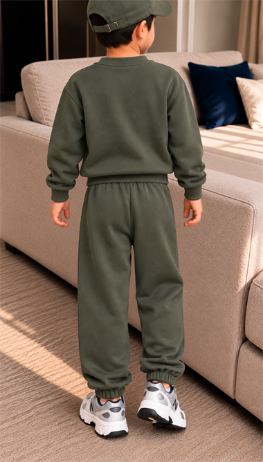 Erkek Çocuk 3 İplik Eşofman Takımı Haki Renk W Baskılı Sweatshirt ve Jogger Pantolon