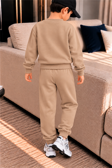 Erkek Çocuk 3 İplik Eşofman Takımı Taş Rengi W Baskılı Sweatshirt ve Jogger Pantolon
