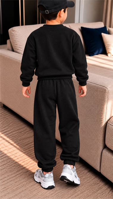 Erkek Çocuk 3 İplik Eşofman Takımı Siyah Renk W Baskılı Sweatshirt ve Jogger Pantolon