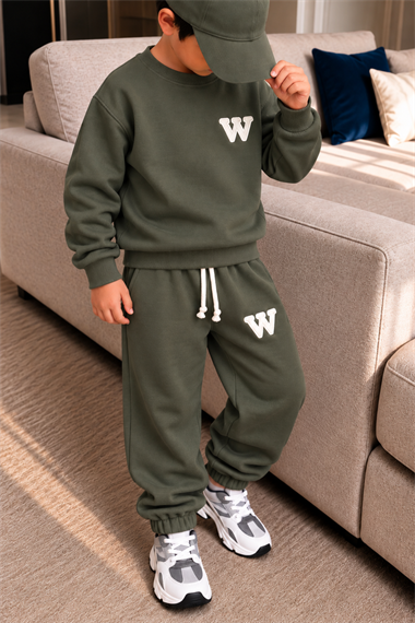 Erkek Çocuk 3 İplik Eşofman Takımı Haki Renk W Baskılı Sweatshirt ve Jogger Pantolon