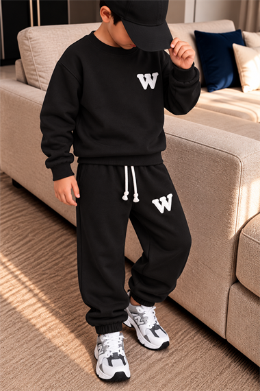 Erkek Çocuk 3 İplik Eşofman Takımı Siyah Renk W Baskılı Sweatshirt ve Jogger Pantolon