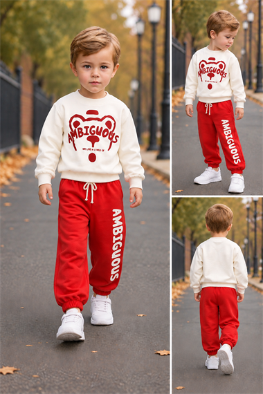 Erkek Çocuk Eşofman Takımı 2li Mevsimlik Ekru Kırmızı Renk Sweatshirtlü Spor Takım
