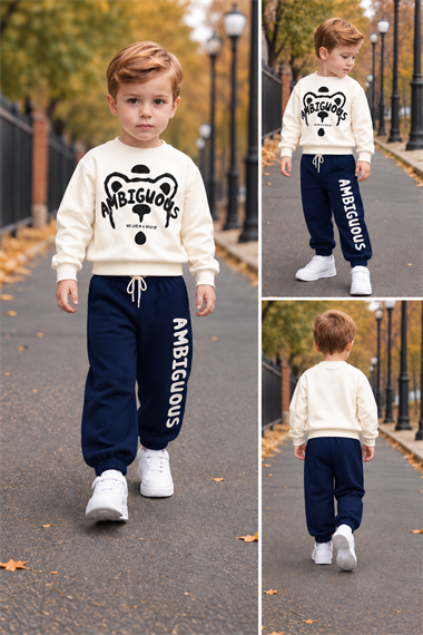 Erkek Çocuk Eşofman Takımı 2li Mevsimlik Sweatshirtlü Ekru Lacivert Spor Takım