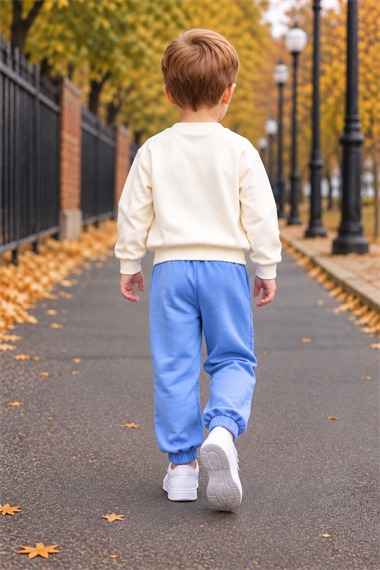 Erkek Çocuk Eşofman Takımı 2li Mevsimlik Sweatshirtlü Ekru Bebe Mavisi Spor Takım