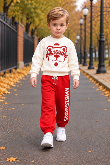 Erkek Çocuk Eşofman Takımı 2li Mevsimlik Ekru Kırmızı Renk Sweatshirtlü Spor Takım