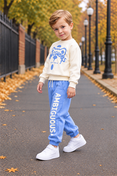 Erkek Çocuk Eşofman Takımı 2li Mevsimlik Sweatshirtlü Ekru Bebe Mavisi Spor Takım