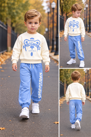 Erkek Çocuk Eşofman Takımı 2li Mevsimlik Sweatshirtlü Ekru Bebe Mavisi Spor Takım