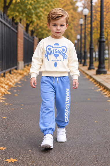 Erkek Çocuk Eşofman Takımı 2li Mevsimlik Sweatshirtlü Ekru Bebe Mavisi Spor Takım