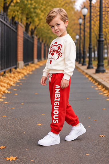 Erkek Çocuk Eşofman Takımı 2li Mevsimlik Ekru Kırmızı Renk Sweatshirtlü Spor Takım