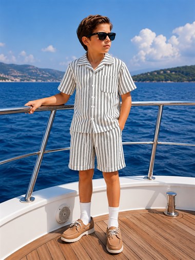 Erkek Çocuk Gömlekli Şortlu Takım Siyah Çizgili 🖤👔