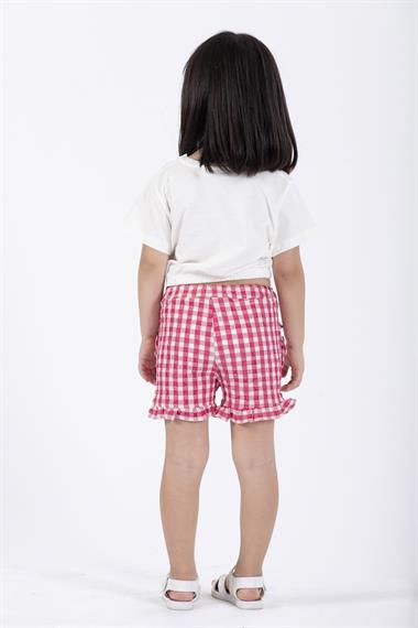 Fırfır Detaylı Ekru Fusya Renk Kız Çocuk Şortlu Takım