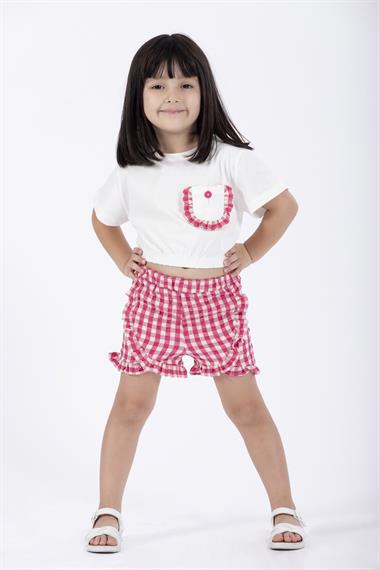 Fırfır Detaylı Ekru Fusya Renk Kız Çocuk Şortlu Takım