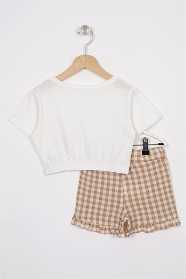 Fırfır Detaylı Ekru Kahve Renk Kız Çocuk Şortlu Takım