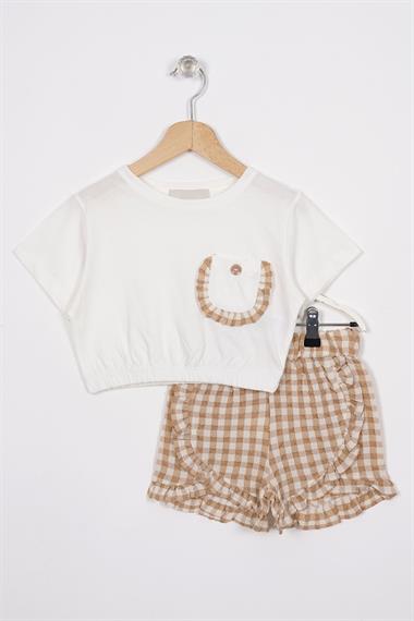 Fırfır Detaylı Ekru Kahve Renk Kız Çocuk Şortlu Takım
