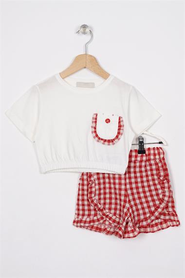 Fırfır Detaylı Ekru Kirmizi Renk Kız Çocuk Şortlu Takım