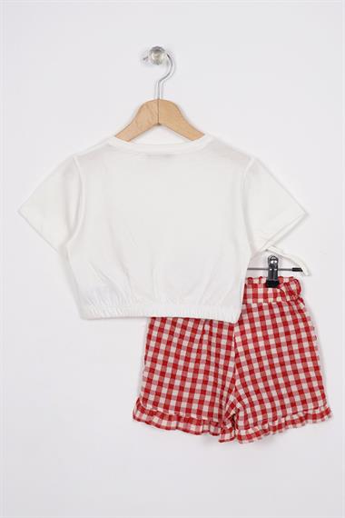 Fırfır Detaylı Ekru Kirmizi Renk Kız Çocuk Şortlu Takım