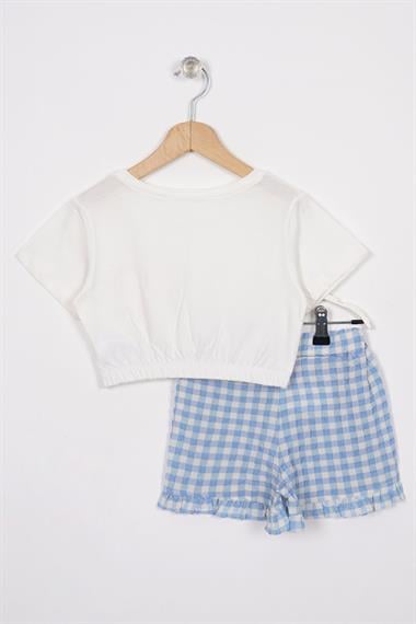 Fırfır Detaylı Ekru Mavi Renk Kız Çocuk Şortlu Takım