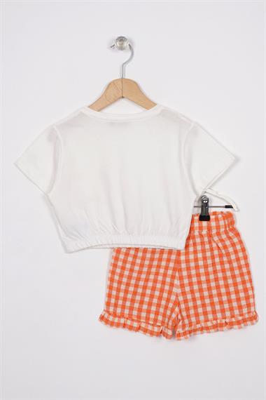 Fırfır Detaylı Ekru Oranj Renk Kız Çocuk Şortlu Takım
