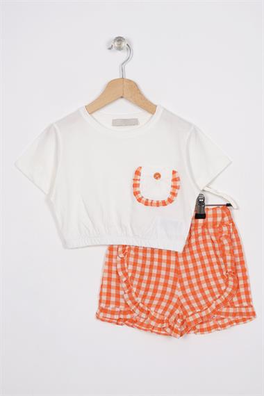 Fırfır Detaylı Ekru Oranj Renk Kız Çocuk Şortlu Takım