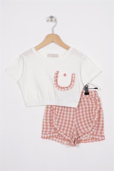 Fırfır Detaylı Ekru Pudra Renk Kız Çocuk Şortlu Takım