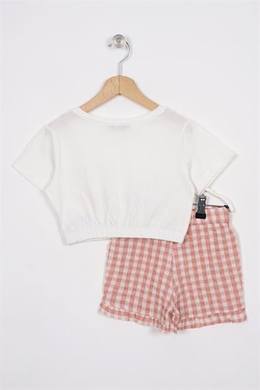 Fırfır Detaylı Ekru Pudra Renk Kız Çocuk Şortlu Takım