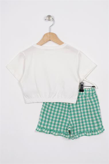 Fırfır Detaylı Ekru Yesil Renk Kız Çocuk Şortlu Takım