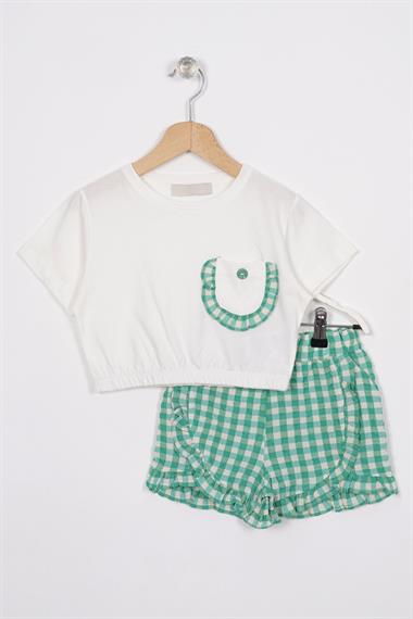 Fırfır Detaylı Ekru Yesil Renk Kız Çocuk Şortlu Takım
