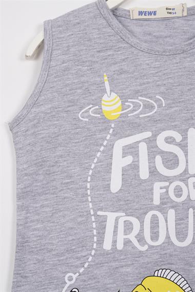 Fıshıng For Trouble Yazı Baskılı Gri Melanj Renk Erkek Çocuk Tshirt