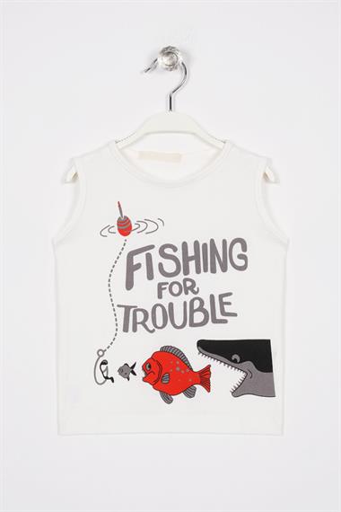 Fıshıng For Trouble Yazı Baskılı Ekru Renk Erkek Çocuk Tshirt