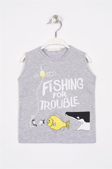 Fıshıng For Trouble Yazı Baskılı Gri Melanj Renk Erkek Çocuk Tshirt