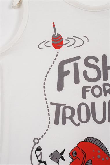 Fıshıng For Trouble Yazı Baskılı Ekru Renk Erkek Çocuk Tshirt